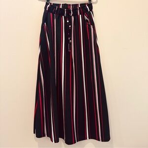 Striped Elastic-Waist Drawstring Maxi Skirt Black/Red/White Size S w/ Pockets